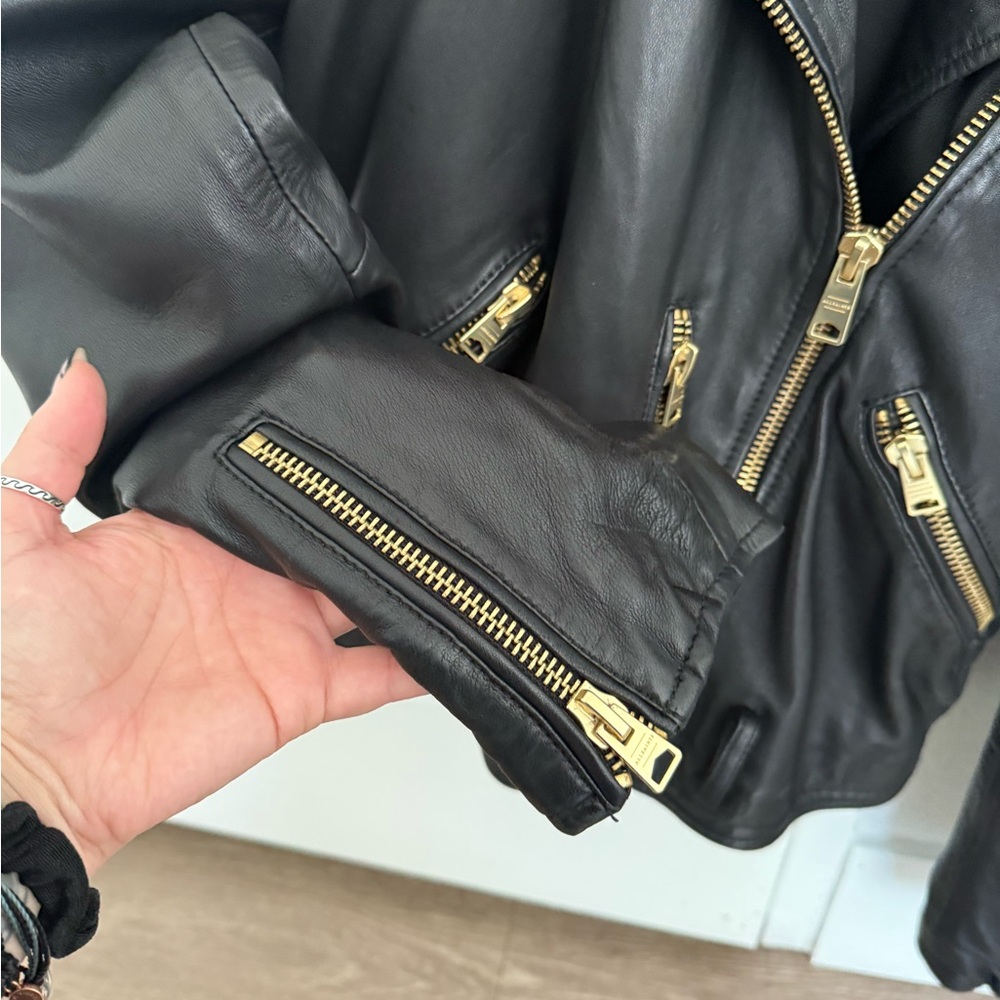 All Saints Black Leather Biker Jacket with Gold Accents - Picture 5 of 8